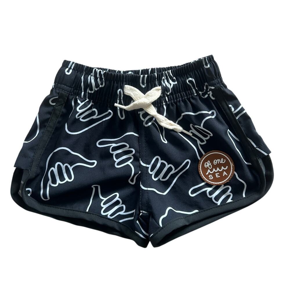 Of One Sea Toddler Boy Board Shorts Black/White Shaka Print Size: 1-2 years
